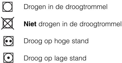 Drogen in de droogtrommel Niet drogen in de droogtrommel Droog op hoge stand Droog op lage stand