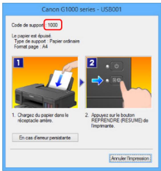 CANON G1501 - Lorsqu'un code support et un message s'affichent à l'écran : - 1