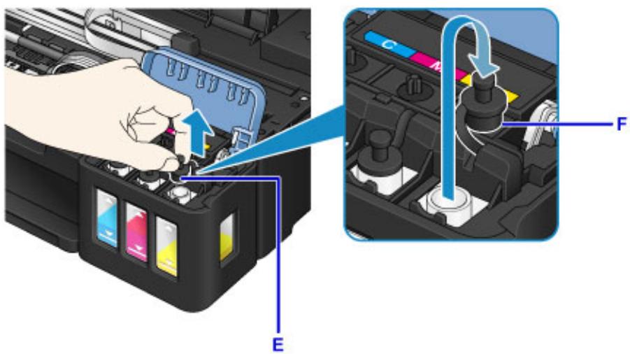 CANON G1501 - Saisissez et retirez le capuchon de cartouche (E) de la cartouche d'encre à recharger. - 1