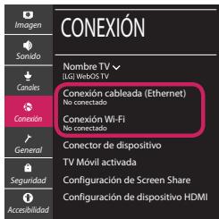 CONEXIÓN Nombre TV (LLG) WebOS TV Conexión cableada (Ethernet) No conectado Conexión Wi-Fi No conectado Conector de dispositivo TV Móvil activada Configuración de Screen Share Configuración de dispositivo HDMI