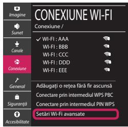 CONEXIUNE WI-FI Imagine Sunset Canide Conexiune General Siguaranta Accesibilitate Conexiune / ✓ WI-FI: AAA Wi-Fi: BBB Wi-Fi: CCC Wi-Fi: DDD Wi-Fi: EEE Adiugați o rețea fără fir ascună Conectare prin intermediul WPS PBC Conectare prin intermediul PIN WPS Setări Wi-Fi avansate