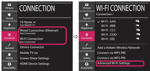 CONNECTION Picture Sound Programmes Wired Connection (Ethernet) Not Connected Connection Wi-Fi Connection Not Connected General Device Connector Mobile TV on Screen Share Settings HDMI Device Settings SAFETY Accessibility WI-FI CONNECTION Connection / ✓ WI-FI : AAA Wi-Fi : BBB Wi-Fi : CCC Wi-Fi : DDD Wi-Fi : EEE Connect General Safety Accessibility Add a Hidden Wireless Network Connect via WPS PBC Connect via WPS PIN Advanced Wi-Fi Settings