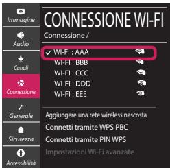 CONNESSIONE WI-FI Immagine Audio Conatti Connessione Generale Sicurezza Accusibilità Connessione / Connessione / WiFi : AAA WiFi : BBB WiFi : CCC WiFi : DDD WiFi : EEE Aggiungere una rete wireless nascosta Connetti tramite WPS PBC Connetti tramite PIN WPS Impostazioni Wi-Fi avanzate