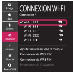 CONNEXION WI-FI Connexion / Wi-Fi: AAA Wi-Fi: BBB Wi-Fi: CCC Wi-Fi: DDD Wi-Fi: EEE Ajouter un réseau sans fil masqué Connexion via WPS PBC Connexion via WPS PIN Paramètres Wi-Fi avancés