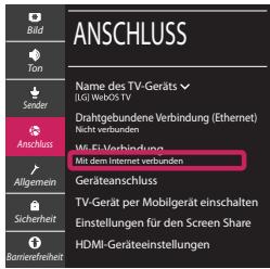 ANSCHLUSS Name des TV-Geräts (LG) WebOS TV Drautgebundene Verbindung (Ethernet) Nicht verbunden Mit-EI-Verbindung Mit dem Internet verbunden Geräteanschluss TV-Gerät per Mobilgerät einschalten Einstellungen für den Screen Share HDMI-Geräteeinstellungen