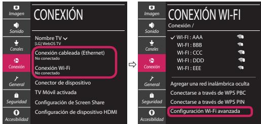 CONEXIÓN Imagen Sonido Candes Conexión cableada (Ethernet) No conectado Conexión Wi-Fi No conectado General Conector de dispositivo TV Móvil activada Configuración de Screen Share Configuración de dispositivo HDMI Acesibilidad CONEXIÓN WI-FI Conexión / ✓ WI-FI : AAA Wi-Fi : BBB Wi-Fi : CCC Wi-Fi : DDD Wi-Fi : EEE Conexión General Seguridad Accesibilidad Agregar una red inalámbrica oculta Conectarse a través de WPS PBC Conectarse a través de WPS PIN Configuración WI-FI avanzada