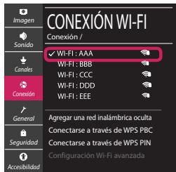 CONEXIÓN WI-FI Conexión / Sonido ✓ WI-FI: AAA WiFi: BBB WiFi: CCC WiFi: DDD WiFi: EEE Conexión General Agregar una red inalámbrica oculta Conectarse a través de WPS PBC Conectarse a través de WPS PIN Configuración Wi-Fi avanzada