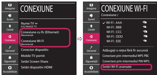 CONEXIUNE Imagine Sunset Canale Conexiune Conexiune cu fir (Ethernet) Neconectat Conexiune Wi-Fi Neconectat General Conector dispozitiv Mobile TV pornit Setári Screen Share Setári dispozitiv HDMI Accessibilitate CONEXIUNE WI-FI Imagine Sunset Canale Conexiune Conexiune / ✓ WI-FI : AAA Wi-Fi : BBB Wi-Fi : CCC Wi-Fi : DDD Wi-Fi : EEE Adäugatı o rețea fără fir ascună Conectare prin intermediul WPS PBC Conectare prin intermediul PIN WPS Setári WI-FI avansate