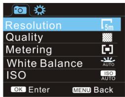 Resolution Quality Metering White Balance ISO ISO AUTO OK Enter MENU Back