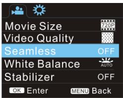 Movie Size Video Quality Seamless OFF White Balance AUTO Stabilizer OFF OK Enter MENU Back