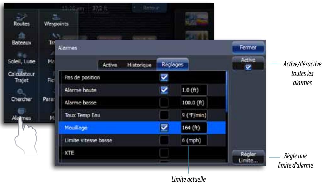 LOWRANCE GPS8-GEN2 - La boîte de dialogue Alarmes - 1