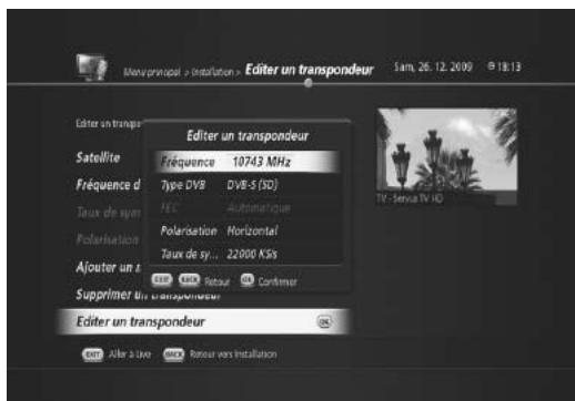 HUMAX TN5000HD - Ajout d'un nouveau transpondeur (MENU > Installation > Modifier le transpondeur) - 1