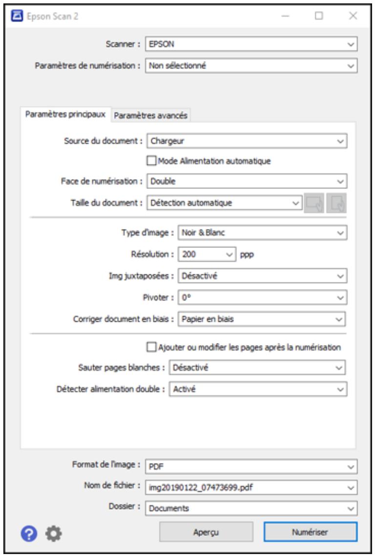 EPSON WORKFORCE DS-790WN - Une fenêtre d'épson scan 2 comme celle-ci s'affiche : - 1
