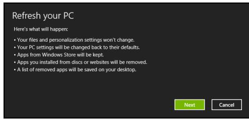 ACER ASPIRE SWITCH 11 SW5-111-11DC - The Refresh your PC window opens. - 1