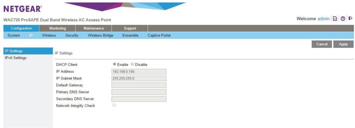 NETGEAR WAC720 X3 - Select Configuration > IP > IP Settings. - 1