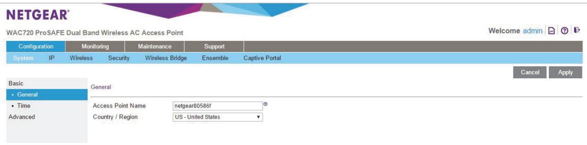 NETGEAR WAC720 X3 - Select Configuration > System > Basic > General. - 1