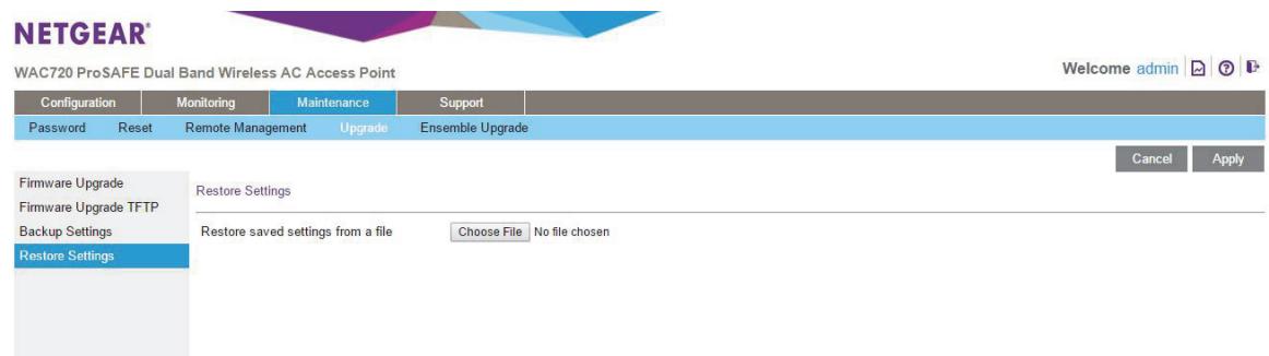 NETGEAR WAC720 X3 - Select Maintenance > Upgrade > Restore Settings. - 1