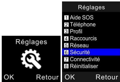 Réglages 1 Aide SOS 2 Téléphone 3 Profil 4 Raccourcis 5 Réseau 6 Sécurité 7 Connectivité 8 Réinitialiser OK Retour OK Retour