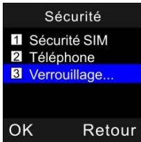 Sécurité 1 Sécurité SIM 2 Téléphone 3 Verrouillage... OK Retour