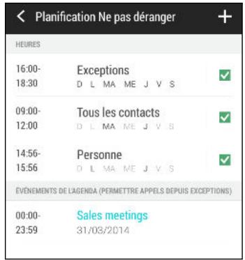 Planification Ne pas déranger HEURES 16:00- 18:30 Exceptions D L MA ME J V S 09:00- 12:00 Tous les contacts D L MA ME J V S 14:56- 15:56 Personne D L MA ME J V S EVENÉMENTS DE LAGENDA (PERMETTRE APPELS DEPUIS EXCEPTIONS) 00:00- 23:59 Sales meetings 31/03/2014