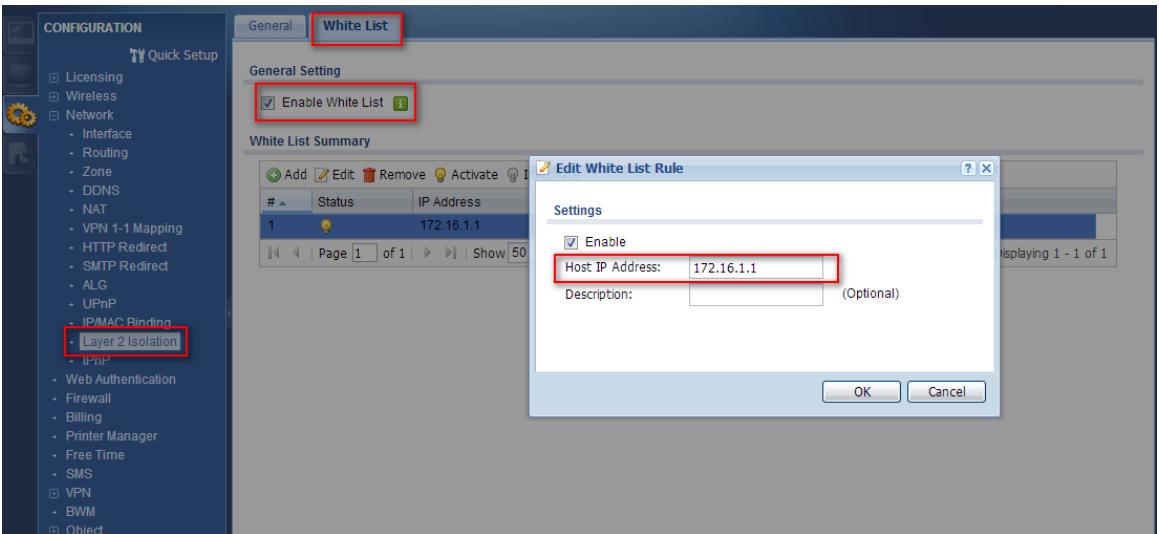 ZYXEL UAG50 - Step2. Configuration > Network > Layer2 Isolation > White List - 1