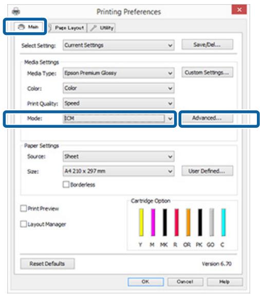 EPSON SC-P400 - Sélectionnez ICM pour Mode dans l'onglet Main (Principal) du pilote de l'imprimante et cliquez sur Advanced (Plus d'options). - 1
