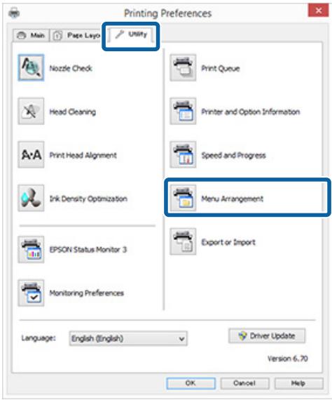 EPSON SC-P400 - Accédez à l'onglet Utility (Utilitaire), puis cliquez sur Menu Arrangement (Disposition du menu). - 1