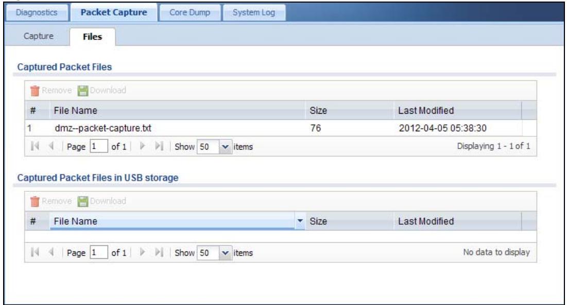 ZYXEL UAG2100 - The Packet Capture Files Screen - 1