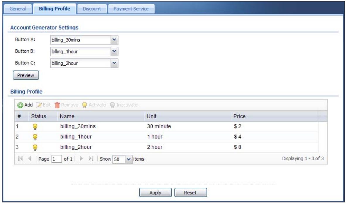 ZYXEL UAG2100 - The Billing Profile Screen - 1