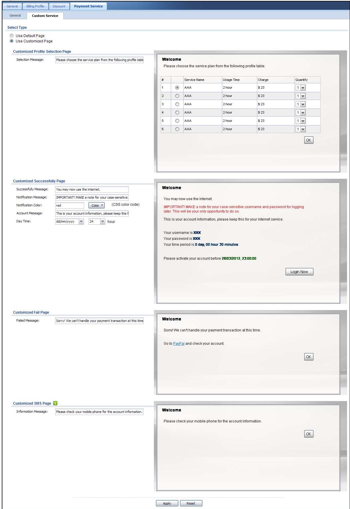 ZYXEL UAG2100 - The Payment Service Custom Service Screen - 1
