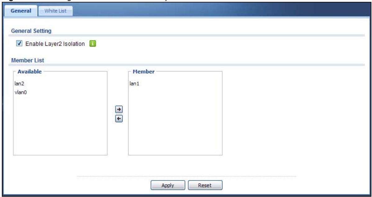 ZYXEL UAG2100 - Layer-2 Isolation General Screen - 1