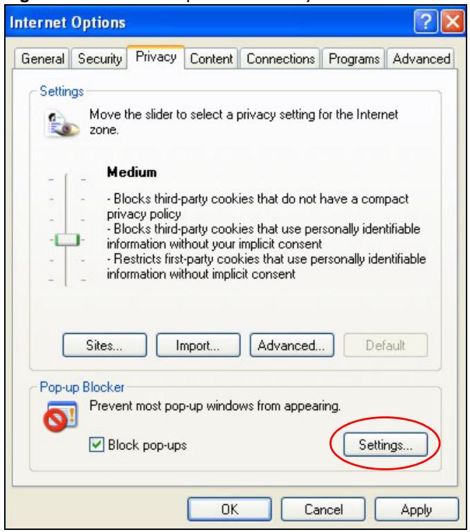 ZYXEL NWA1123-AC V2 - Select Settings...to open the Pop-up Blocker Settings screen. - 1