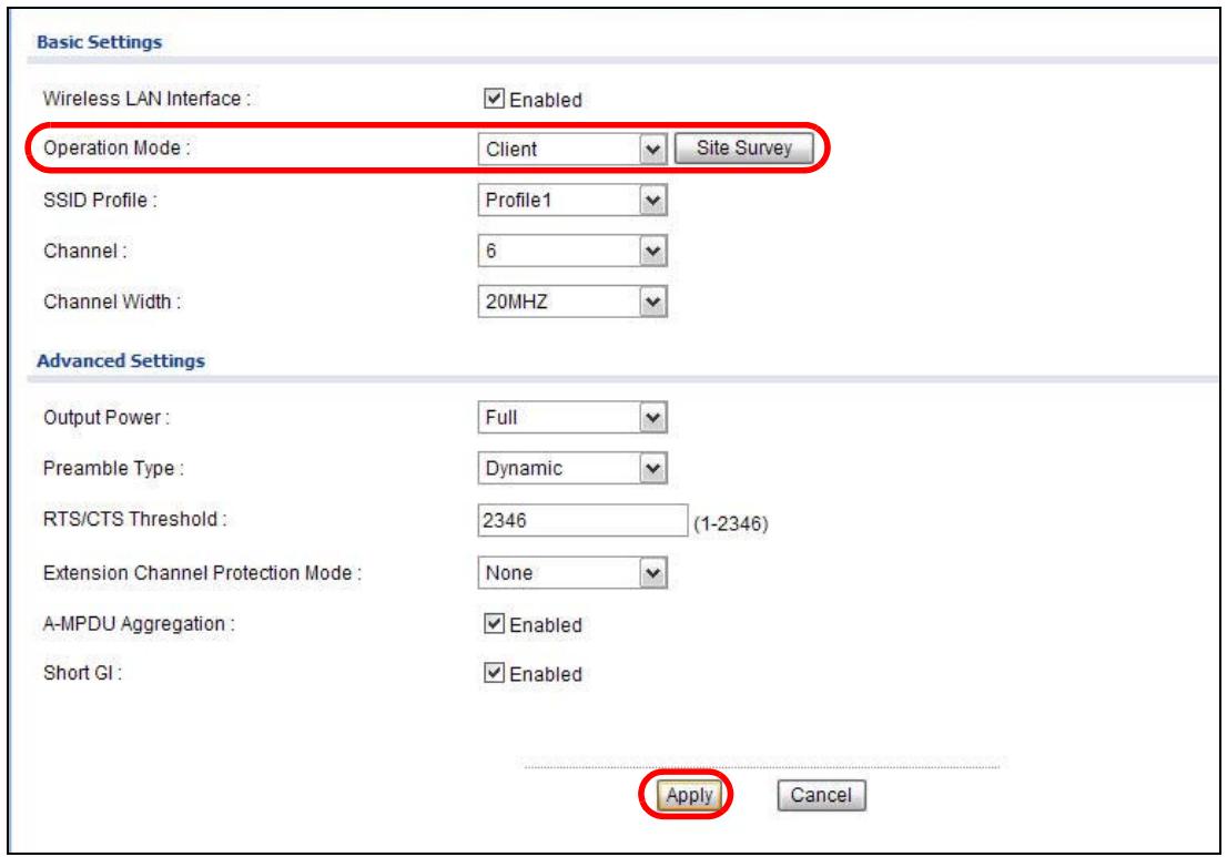 ZYXEL NWA1123-AC V2 - Select Client as Operation Mode. Click Apply. - 1