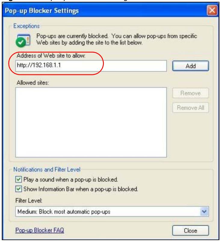 ZYXEL NWA1123-AC V2 - Select Settings...to open the Pop-up Blocker Settings screen. - 2