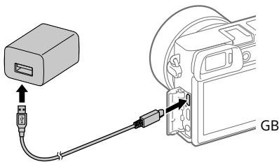 SONY A6500 - Connect the camera with the battery pack inserted to the AC Adaptor (supplied) using the micro USB cable (supplied), and connect the AC Adaptor to the wall outlet (wall socket). - 1