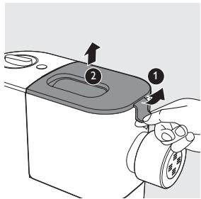 Diagram showing a hand operating a machine with labeled parts and directional arrows indicating process flow.