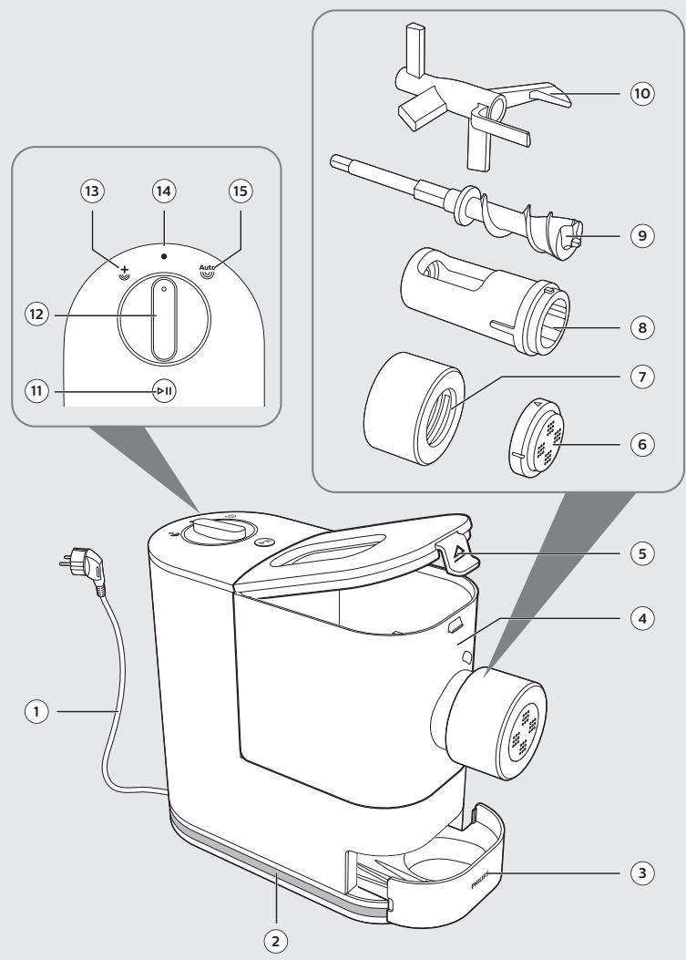 Exploded diagram of a smart air fryer with numbered parts and labeled control panel