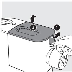 Diagram showing a hand operating a device with labeled parts and directional arrows indicating process steps.