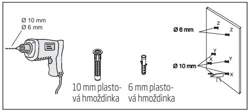 Ø 10 mm Ø 6 mm 10 mm plasto- vá hmoždinka 6 mm plasto- vá hmoždinka Ø 6 mm Z Y X Y N