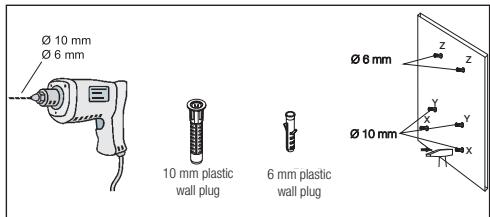 Ø 10 mm Ø 6 mm 10 mm plastic wall plug 6 mm plastic wall plug Ø 6 mm Z Y X Y X T