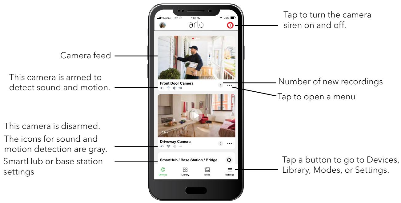 Tap to turn the camera siren on and off. Camera feed This camera is armed to detect sound and motion. Number of new recordings Tap to open a menu This camera is disarmed. The icons for sound and motion detection are gray. SmartHub or base station settings Driveway Camera SmartHub / Base Station / Bridge Devices Library Mode Settings Tap a button to go to Devices, Library, Modes, or Settings.