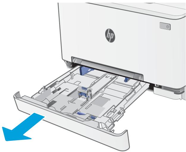 HP COLOR JET PRO M283FDN - Réglez le guide du papier en appuyant sur le loquet de réglage et en faisant glisser les guides jusqu'au format du papier utilisé. - 1