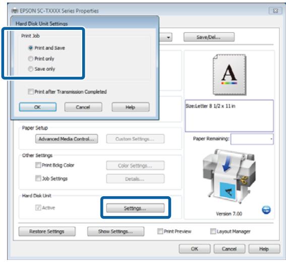 EPSON SURECOLOR SC-T5200-PS - Dans l'onglet Advanced (Plus d'options), cliquez sur le bouton Settings (Configuration) de la zone Hard Disk Unit (Disque dur) et sélectionnez Print and Save (Impr et enr) ou Save only (Enreg uniq). - 1