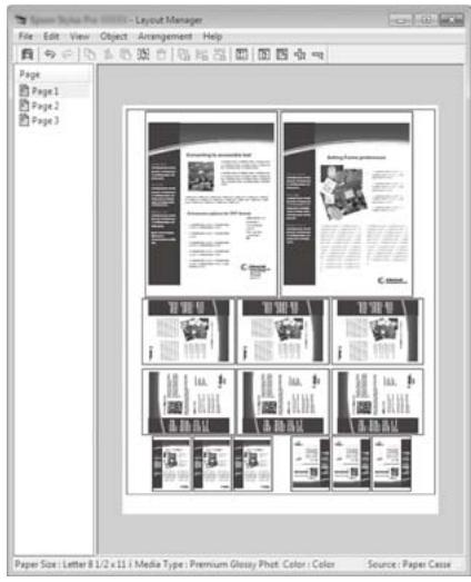 Space Style Pro 10000 - Layout Manager File Edit View Object Arrangement Help Page Page1 Page2 Page3 Paper Size: Letter 8 1/2 x 11 | Media Type: Premium Glossy Phot. Color | Color Source: Paper Case