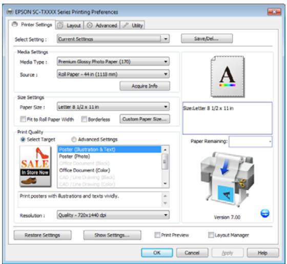 EPSON SURECOLOR SC-T5200-PS - Une fois que vous avez vérifié que l'imprimante est sélectionnée, cliquez sur Printer properties (Propriétés de l'imprimante) ou Properties (Propriétés) pour les paramètres d'impression. - 1
