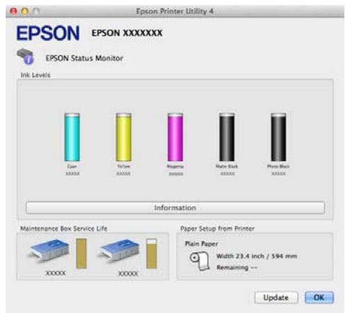 EPSON Printer Utility 4 EPSON XXXXXXXX EPSON Status Monitor Ink Levels Coar XXXXX Yellow XXXXX Magenta XXXXX Main Black XXXXX Photo Black XXXXX Information Maintenance Box Service Life XXXXX XXXXX Paper Setup from Printer Plain Paper Width 23.4 inch / 594 mm Remaining -- Update OK