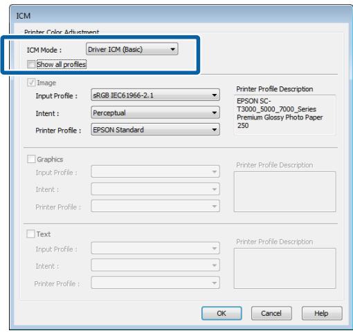 ICM Printer Color Adjustment ICM Mode : Driver ICM (Basic) Show all profiles Image Input Profile : sRGB IEC61966-2.1 Intent : Perceptual Printer Profile : EPSON Standard Printer Profile Description EPSON SC- T3000_5000_7000_Series Premium Glossy Photo Paper 250 Graphics Input Profile : Intent : Printer Profile : Text Input Profile : Intent : Printer Profile : Printer Profile Description Printer Profile Description OK Cancel Help