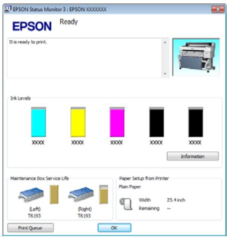 EPSON Status Monitor 3 : EPSON XXXXXXX EPSON Ready It is ready to print. Ink Levels XXXX XXX XXX XXX XXX XXX Information Maintenance Box Service Life (Left) T6193 (Right) T6193 Paper Setup from Printer Plain Paper Width 23.4 inch Remaining -- Print Queue OK
