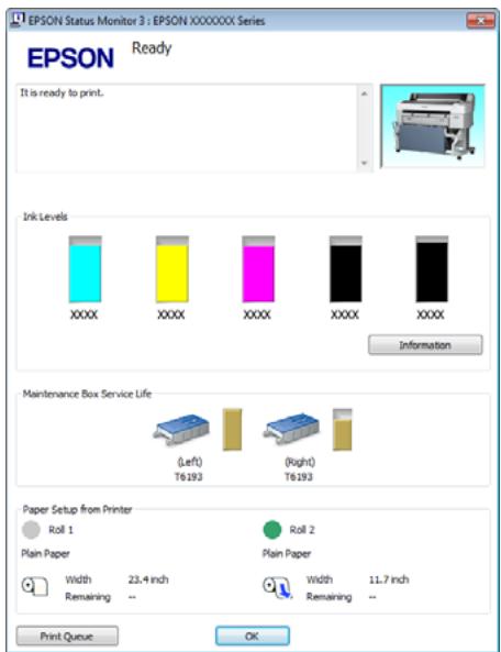 EPSON Status Monitor 3 : EPSON XXXXXXX Series Ready It is ready to print. Ink Levels XXXX XXXX XXXX XXXX XXXX XXXX Information Maintenance Box Service Life (Left) T6193 (Right) T6193 Paper Setup from Printer Roll 1 Roll 2 Plain Paper Plain Paper Width 23.4 inch Width 11.7 inch Remaining -- Print Queue OK