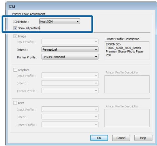 ICM Printer Color Adjustment ICM Mode : Host ICM ✓ Show all profiles ✓ Image Input Profile : Intent : Perceptual Printer Profile : EPSON Standard Printer Profile Description EPSON SC- T3000_5000_7000_Series Premium Glossy Photo Paper 25D Graphics Input Profile : Intent : Printer Profile : Printer Profile Description Text Input Profile : Intent : Printer Profile : Printer Profile Description OK Cancel Help